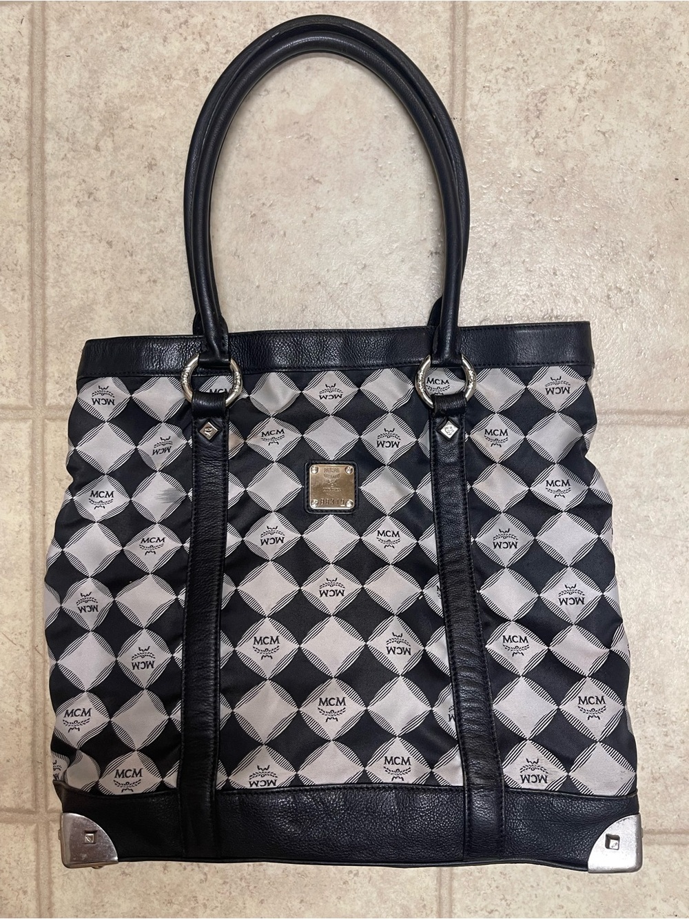 MCM Black and White Patterned Logo Tote with Silver Accents